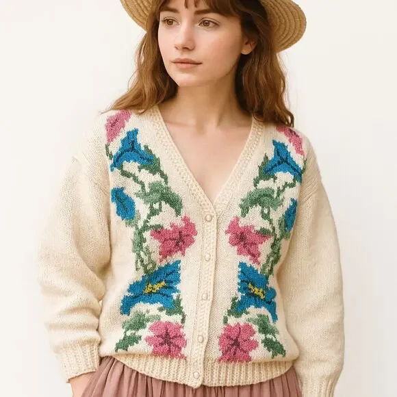 Vintage Cottagecore Hand Knit Crochet Granny Sweater Flower Pearl Buttons L XL - Picture 2 of 16